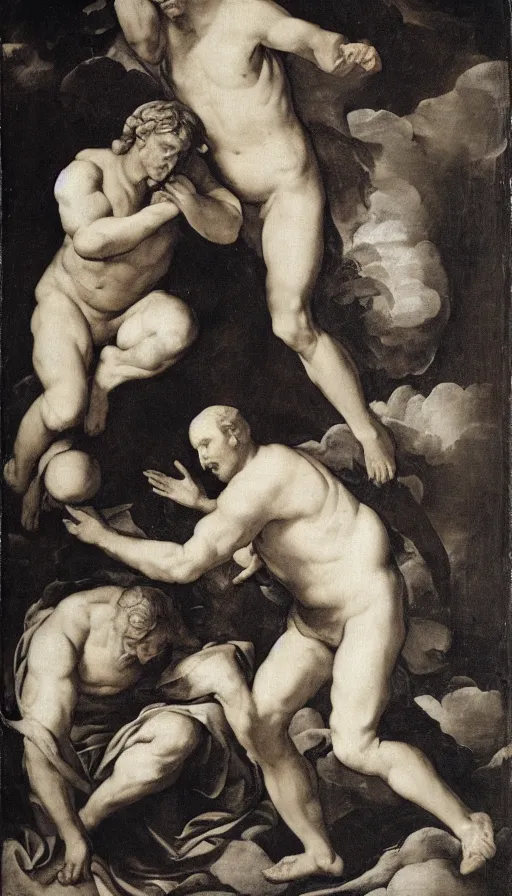 Image similar to two men in love seperated by a deity, on one side is light on the other is darkness, renaissance style