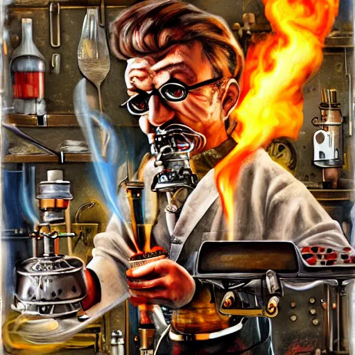 Image similar to mad scientist cooking pizza with a blowtorch, steampunk painting