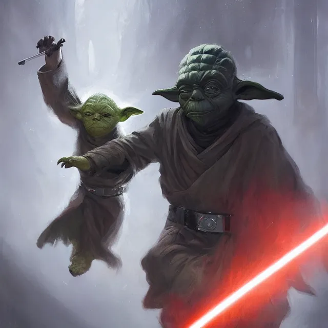 Image similar to a painting of yoda fighting darth vader by greg rutkowski, dark fantasy art, high detail, trending on artstation