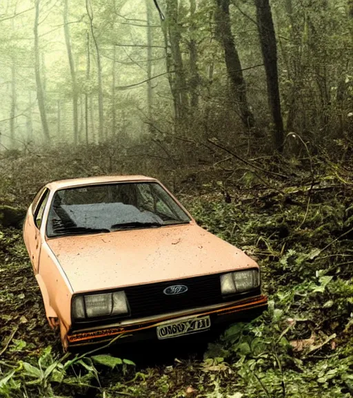 Prompt: crashed 1980s ford cortina, abandoned in a forest, fog, rural, damage, nature