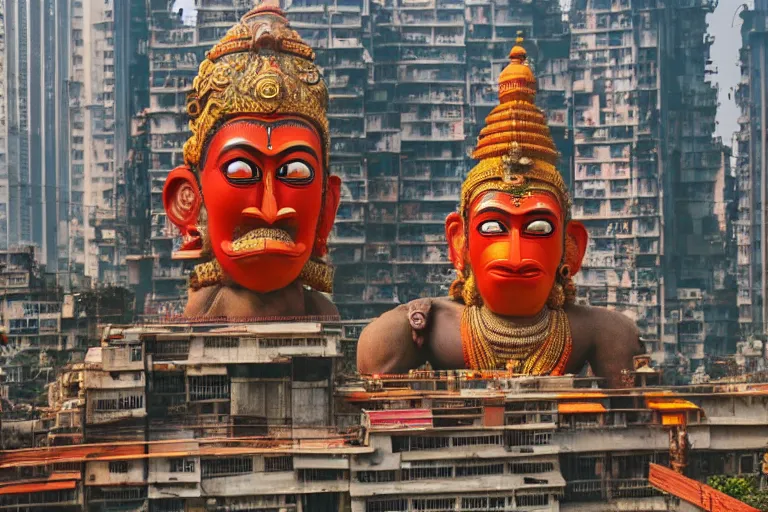 Image similar to high quality 3 d cyberpunk biomorphic hanuman head building in the middle of mumbai!!, kalighat highly detailed, cinematic smooth, stephen shore & john j. park, soft morning light, wide shot, high angle, uhd 8 k, deep focus