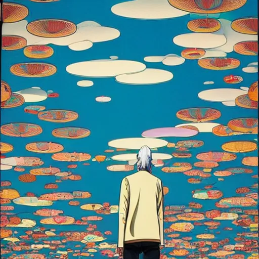 Image similar to a man walking on clouds away from the camera above kyoto by takashi murakami, beeple and james jean, aya takano color style, 4 k, super detailed, modern, 4 k, symmetrical