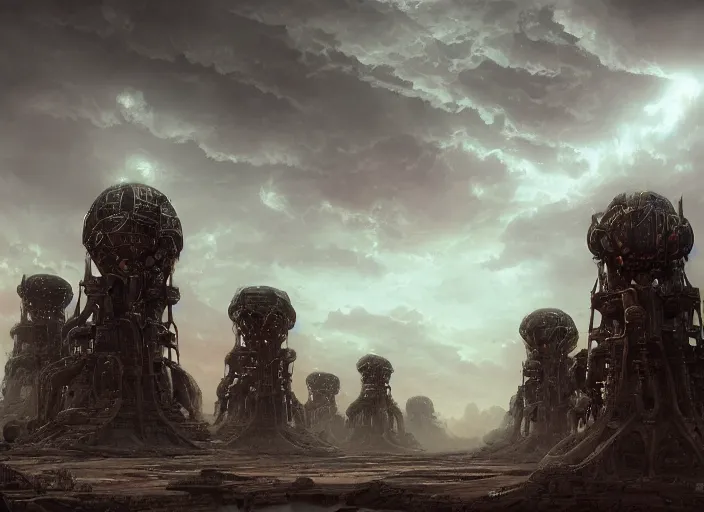 Image similar to a group of strange looking structures in the sky, a detailed matte painting by Jason A. Engle, cgsociety, afrofuturism, matte painting, concept art, sci-fi