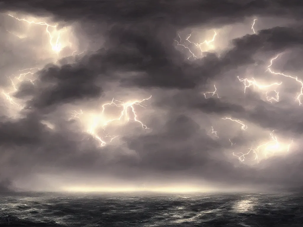 Image similar to a dark storm closes in over a river, lightning and rain, digital painting, fantasy, art by alexandre mahboubi and christophe oliver