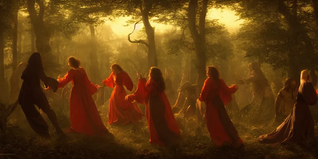 Prompt: masterpiece demons, vampires and witches dancing in the woods at dusk, edmund leighton, majestic, volumetric lighting, photorealistic, intricate, trending on artstation 8 k