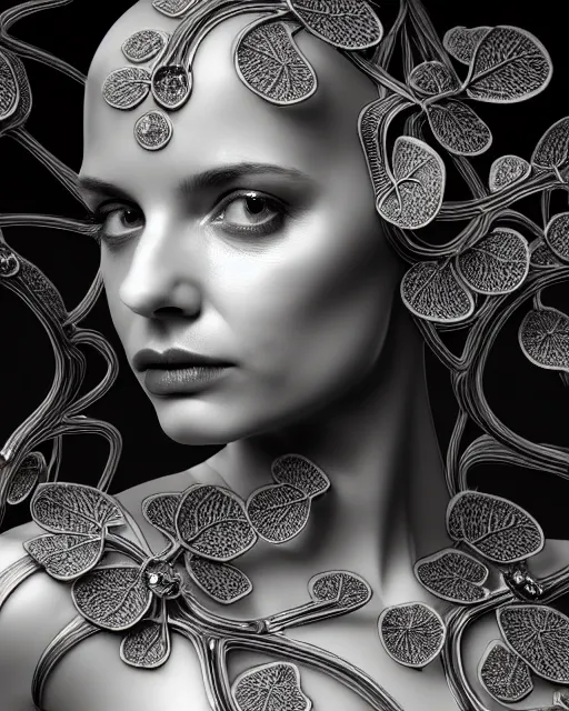 Image similar to mythical dreamy black and white organic bio - mechanical spinal ribbed profile face portrait detail of translucent steampunk beautiful female angelic - human - queen - vegetal - cyborg, highly detailed, intricate crystal ivy jelly ornate, poetic, translucent roses ornate, 3 d render, digital art, octane render, 8 k artistic photography, photo - realistic, by dora maar