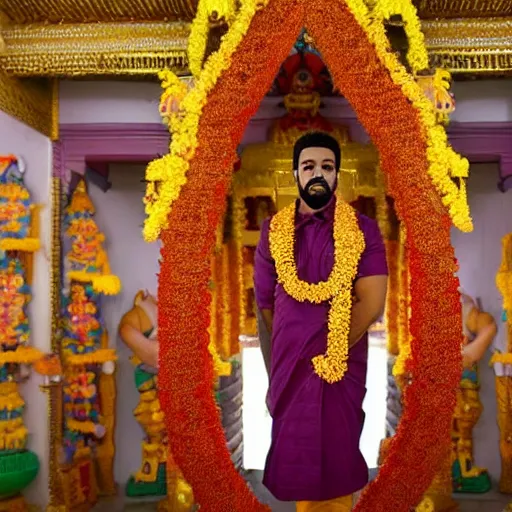 Image similar to photograph of drake the rapper standing in a hindu kovil, accurate portrayal, drake the rapper's face