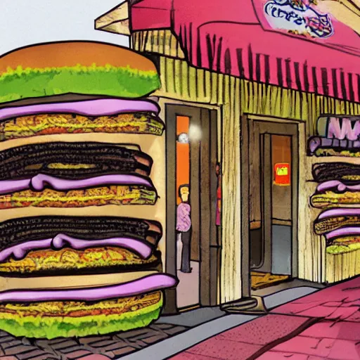 Image similar to a city literally made of burgers