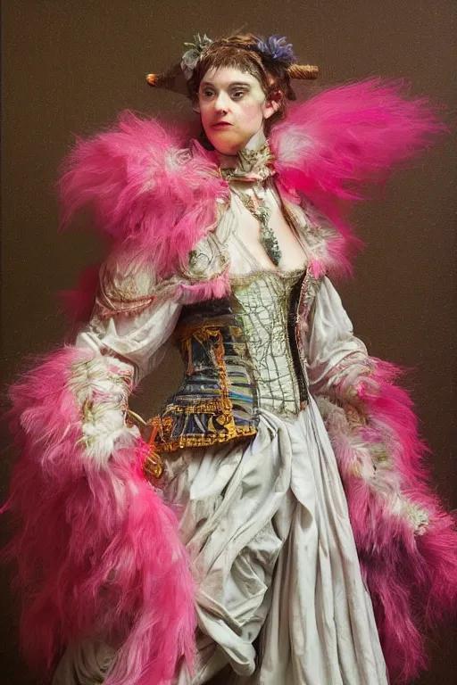 Prompt: a character wearing a super detailed diy costume with fluo colored details, muted colors, neoclassicism, hyper real painting