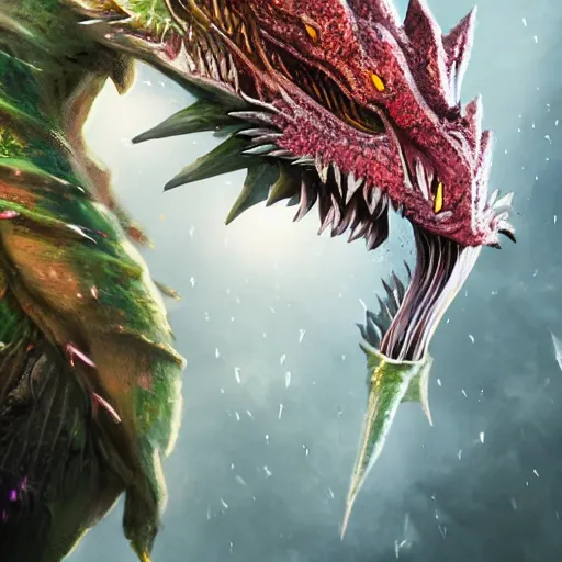 Prompt: hyperrealistic dragon shooting flowers out of its mouth, highly detailed, trending on artstation, 4k