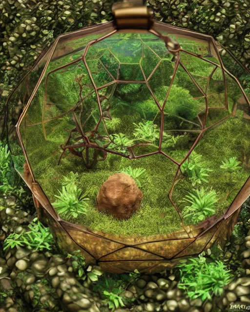 Prompt: art work of terrarium, vines wrap around the terrarium, unreal engine 5, blender, depth of field, ultra realistic, cinematic, macro, artstation, megascan, intricate, epic, Quixel, weta digital, focus, octane render, v-ray, digital art, highly detailed illustration, golden ratio, prism undertones, rule of thirds