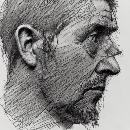 Prompt: a realistic yet scraggly portrait sketch of the side profile of a stern and sophisticated david bryne, trending on artstation, intricate details, in the style of frank auerbach, in the style of sergio aragones, in the style of martin ansin, in the style of david aja, in the style of mattias adolfsson