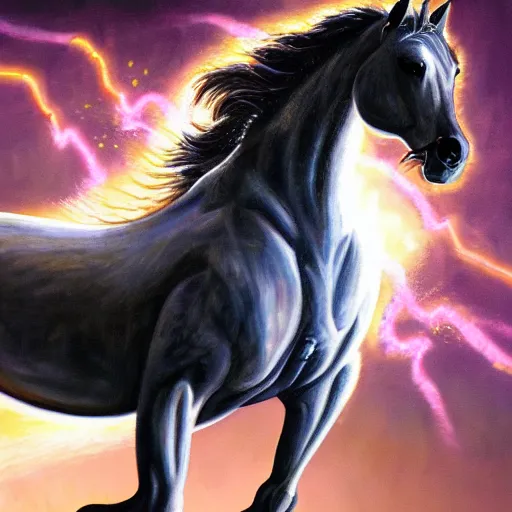 Image similar to a hyper realistic and detailed painting of a cybernetic horse leaving sparks on lighting in it's trails