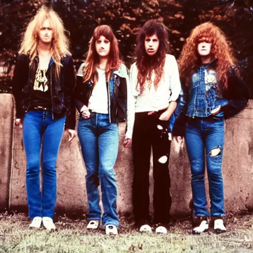 Prompt: group of 1 9 - year - old girls with shaggy wavy hair, wearing double denim, heavy metal band promo, thrash metal band promo, heavy rock band promo photo, 1 9 8 7 photo