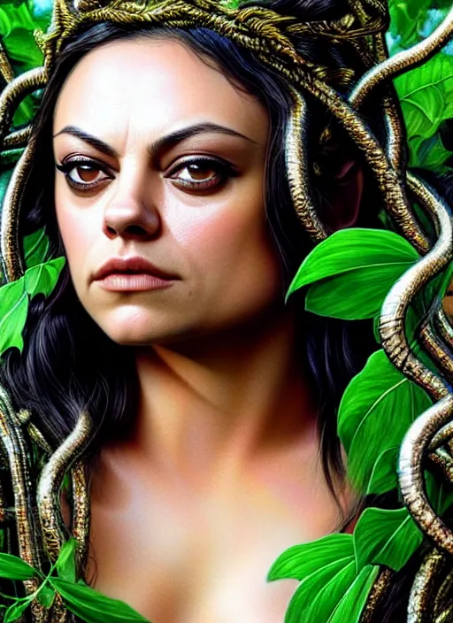 Image similar to photo of a mila kunis as medusa in the style of stefan kostic, realistic, half body shot, sharp focus, 8 k high definition, insanely detailed, intricate, elegant, art by stanley lau and artgerm, extreme bokeh foliage