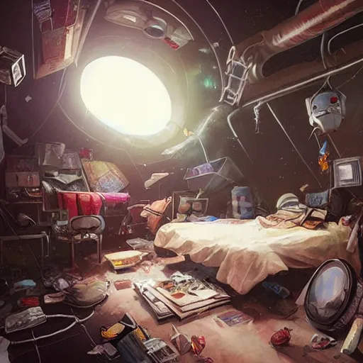 Prompt: detailed room in the sewer lair The room is a clutter if clothes and a bunkbed with space posters everywhere,soft,light,bright,epic,awesome,digital art, by Rossdraws and Greg rutkowski