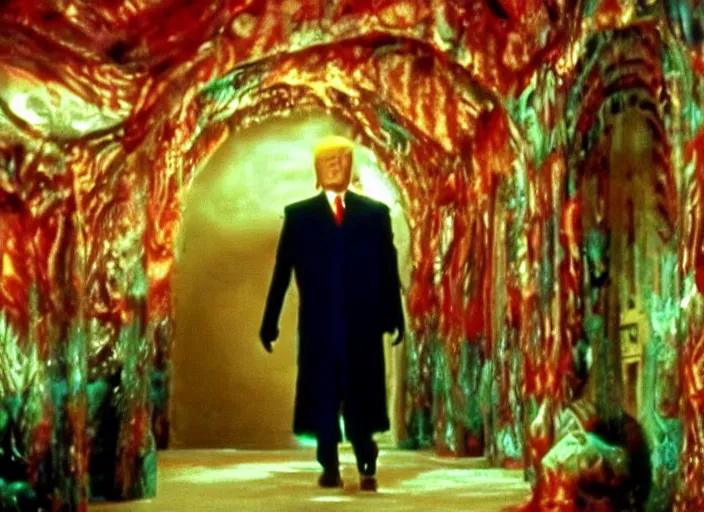 Image similar to screenshot from moody colorful scene of Donald Trump in a lair, scene from the film Batman and Robin 1997 film directed by Joel Schumacher, kodak film stock, anamorphic lens, 4K, crazy set design, wild lighting design, detail, stunning cinematography