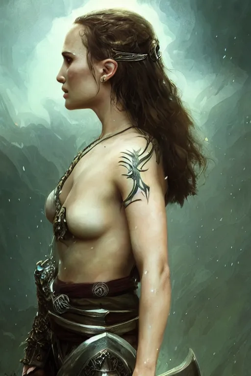 Image similar to natalie portman, legendary warrior, heroic, lord of the rings, tattoos, decorative ornaments, battle armor, by carl spitzweg, ismail inceoglu, vdragan bibin, hans thoma, greg rutkowski, alexandros pyromallis, perfect face, fine details, realistic shading photorealism