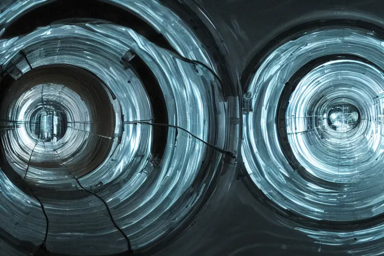 Image similar to vector monitor screen showing clear plastic pipes transporting liquid through an endless y 2 k crt lined tunnel, porcelain floating through, low - light photograph, in style of tyler mitchell