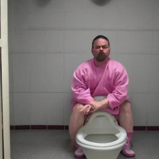 Prompt: Jeff bezoz in prison sitting on the toilet , the walls are pink