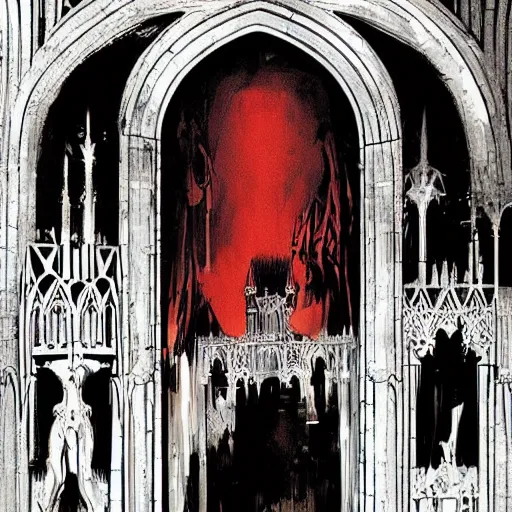 Prompt: doorway to hell in grand gothic cathedral, inner conflict, scarlet hue, tom lovell, painting, influences from mobius, ashley wood. otomo, akira, greg tocchini, mike mignola