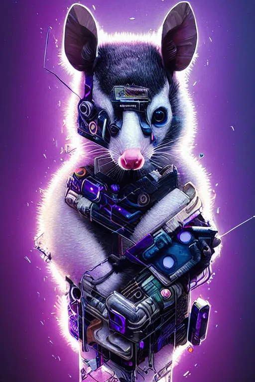 Image similar to a beautiful portrait of a cute cyberpunk opossum by sandra chevrier and greg rutkowski and wlop, purple blue color scheme, high key lighting, volumetric light, digital art, highly detailed, fine detail, intricate, ornate, complex, octane render, unreal engine, photorealistic