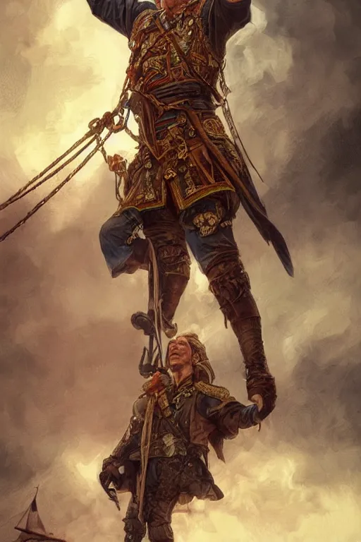 Image similar to Putin as a pirate, hanging from the gallows, intricate, elegant, highly detailed, centered, digital painting, artstation, concept art, smooth, sharp focus, illustration, art by artgerm and donato giancola and Joseph Christian Leyendecker, Ross Tran, WLOP