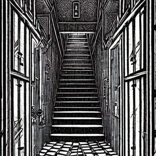 Image similar to a terrifying dark hallway with many doors and many stairs, impending doom, Mc Escher architecture, epic composition, by Junji Ito