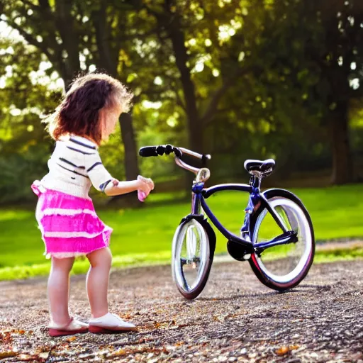 Prompt: young girl playing with bicycle