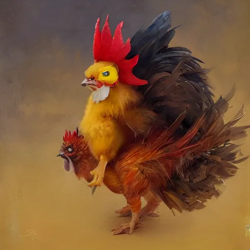 Image similar to expressive oil painting of ( ( ( rooster ) ) ) pikachu chimera, by jean - baptiste monge, octane render by yoshitaka amano, by greg rutkowski, by jeremyg lipkinng, by artgerm