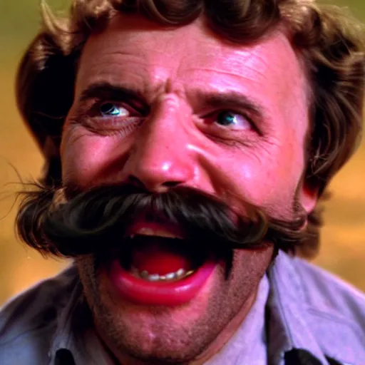 Image similar to Film still of a cackling man, bushy moustache, extreme close-up shot,