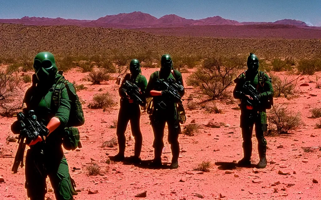 Image similar to a team of five people in dark green tactical gear like death stranding and masks, red mesas behind them, look at a desert oasis in the distance. They 're afraid. dusty, red, mid day, heat shimmering, 35mm film