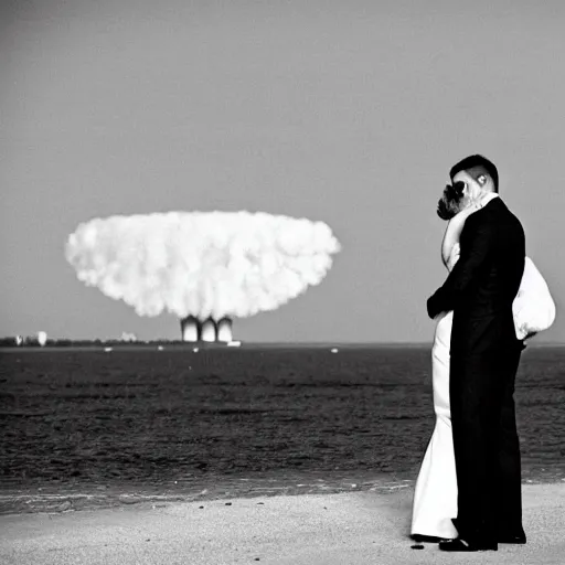 Prompt: a bride and groom embrace during a nuclear weapons test in the background, wedding photo