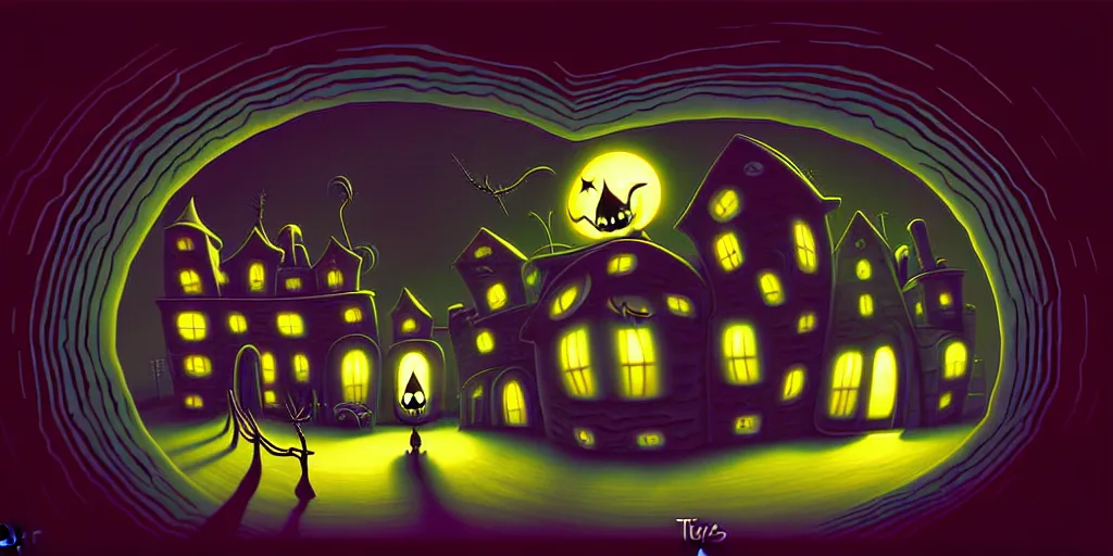 Image similar to curved perspective digital art of a dark kitchen from tim burtons nightmare before christmas by petros afshar