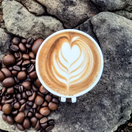 Prompt: a latte on a rock, at the edge of a cliff, with magma surrounding