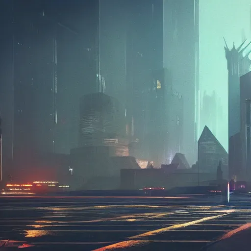 Prompt: gigantic shiny pyramid in the distance, brutalist, blade runner, sci fi, stunning detail, cityscape, cyberpunk, wet street, 8k, cinematic lighting, ultra realistic, colorful, neon, octane rendered,