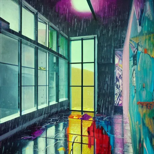 Prompt: 9 0 s interior with organic windows, rain like a dream, oil painting, cyberpunk, basquiat + francis bacon + gustav klimt + beeple, elevated street art, fantasy lut, textural, pink, blue, purple, green,