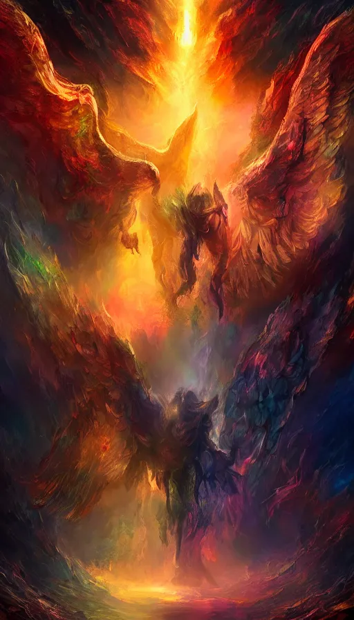 Prompt: the neverending battle between light and dark, angels vs demons, vivid colors, inferno, epic, cinematic, digital art, 4 k, fantasy