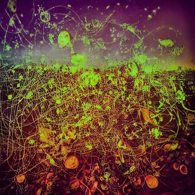 Image similar to double exposure of dally life, symbols of live, explosion, different sprouts and microgreens on mushrooms, cyber mushroom city, mushroom matrix, love is the most relevant theme, 8 k resolution, artistic mode, artistic, trending on instagram, long exposure, love art, serious, fantasy and dreams vibes, mushrooms style and macro style, spring vibes in twilight or sunset lights