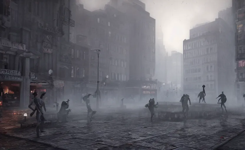 Image similar to Dan Pietro plaza invaded by zombies, epic, mystery, dense fog dusk, highly detailed, cinematic, 8k