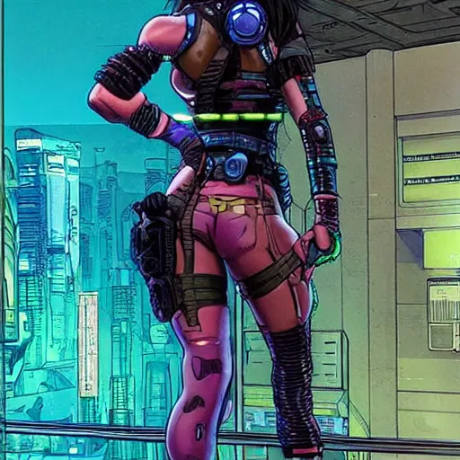 Image similar to Nikki. Apex legends cyberpunk fitness babe. Concept art by James Gurney and Mœbius.