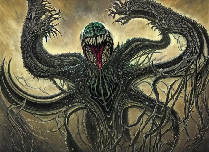 Image similar to fractal portrait of joker as venom of of the last survivors on earth witness the end of the world, by giger and vladimir kush