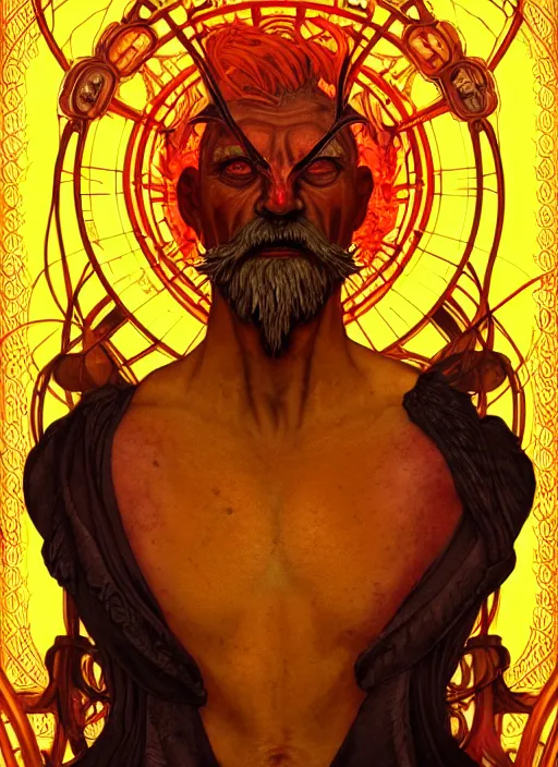 Image similar to the god hephaestus, old man, fiery hair, glowing eyes, volumetric lights, yellow and red scheme, art nouveau botanicals, gothic, intricate, highly detailed, digital painting, artstation, concept art, smooth, sharp focus, symmetric face, illustration, steampunk, art by artgerm and greg rutkowski and alphonse mucha