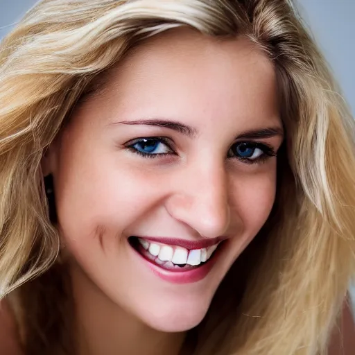 Image similar to a close up portrait of a 23 year old female, dirty blonde hair, perfect teeth, smiling