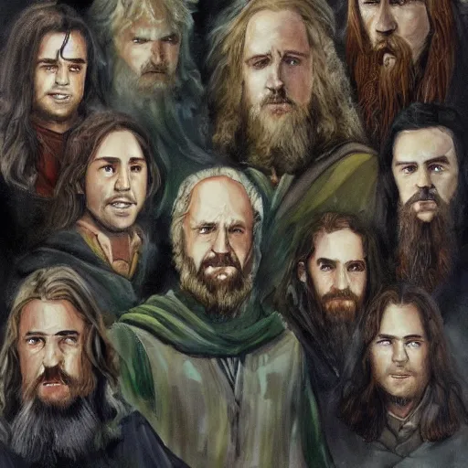 Prompt: A painting of the fellowship of the ring together