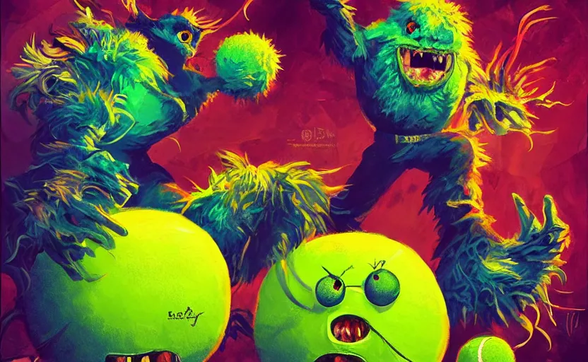 Image similar to a cinematic poster squad of tennis ball monsters, colorful, digital art, fantasy, magic, chalk, trending on artstation, ultra detailed, professional illustration by basil gogos