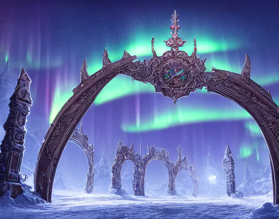 Image similar to a very detailed concept art of intricate and well designed eldar gates to north pole, infused with aurora borealis, dynamic lighting, trending on artstation, path traced, highly detailed, high quality, digital painting, digital art, 4 k, hyper realistic, octane render, sharp focus