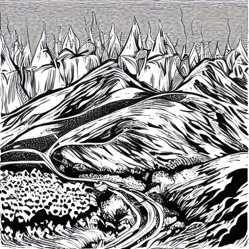 Image similar to impressive fantasy landscape, beautiful line art, pure b & w, etching illustration, square sticker vector art