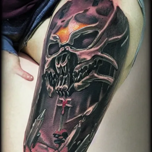 Prompt: a tattoo based on the art style of FromSoftware, realistic, detailed