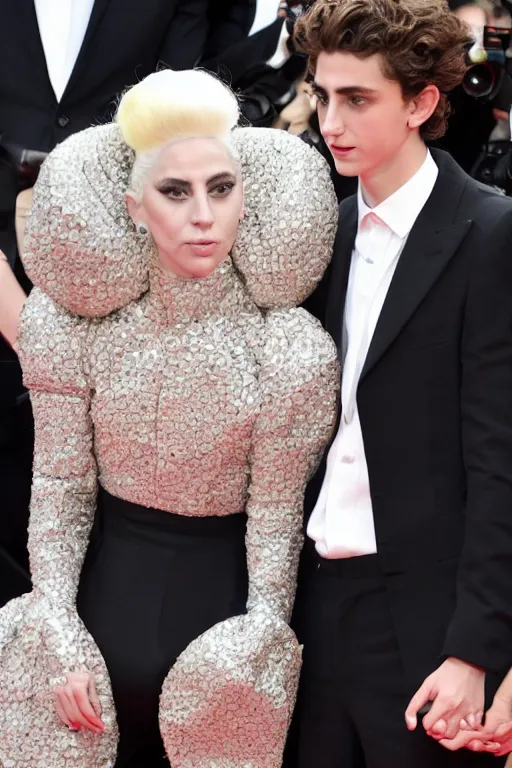 Image similar to timothee chalamet and lady gaga holding hands on the red carpet, beautiful detailed faces